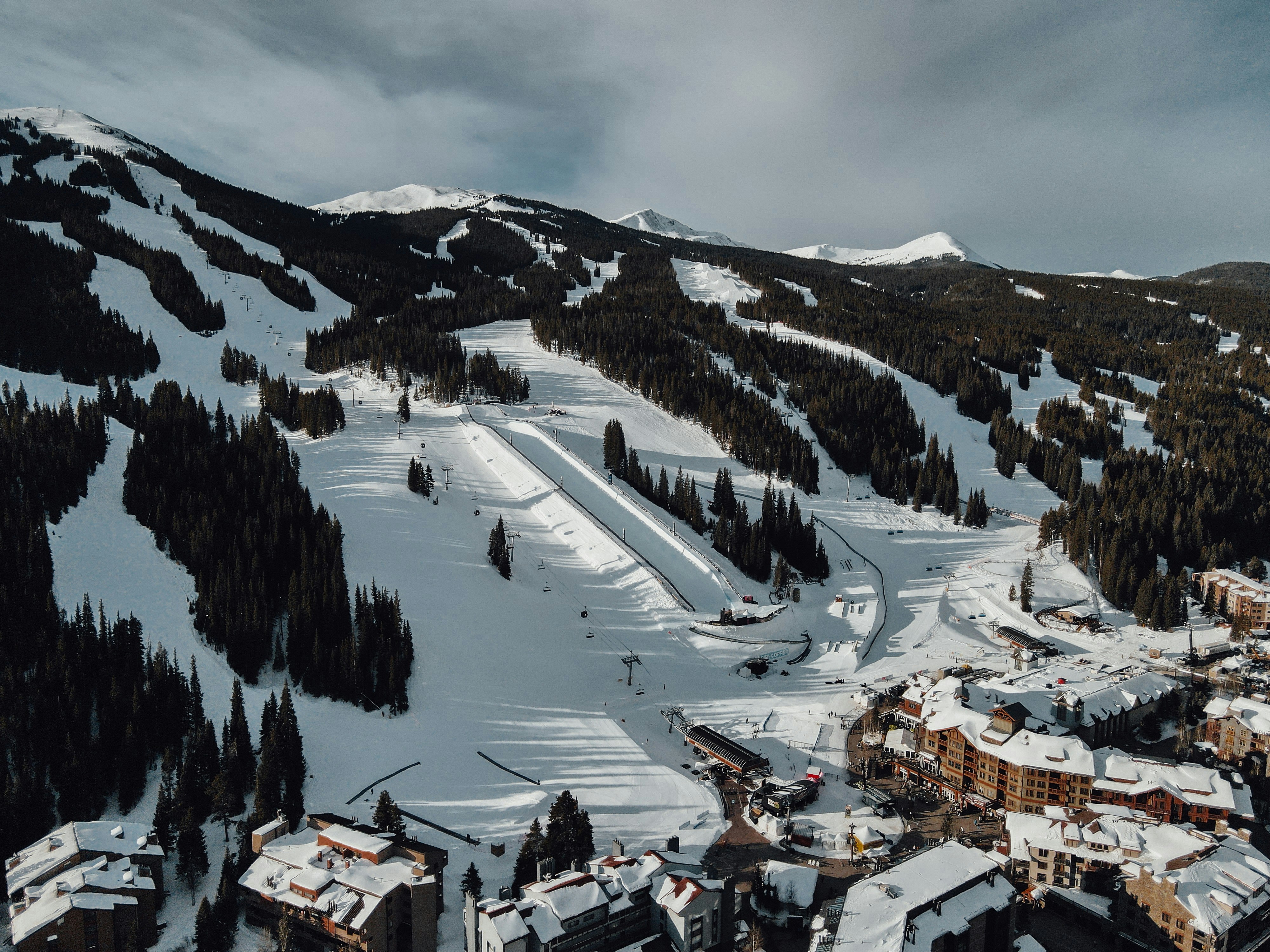 Snow-covered mountain with ski slopes and buildings at Copper Mountain, Colorado